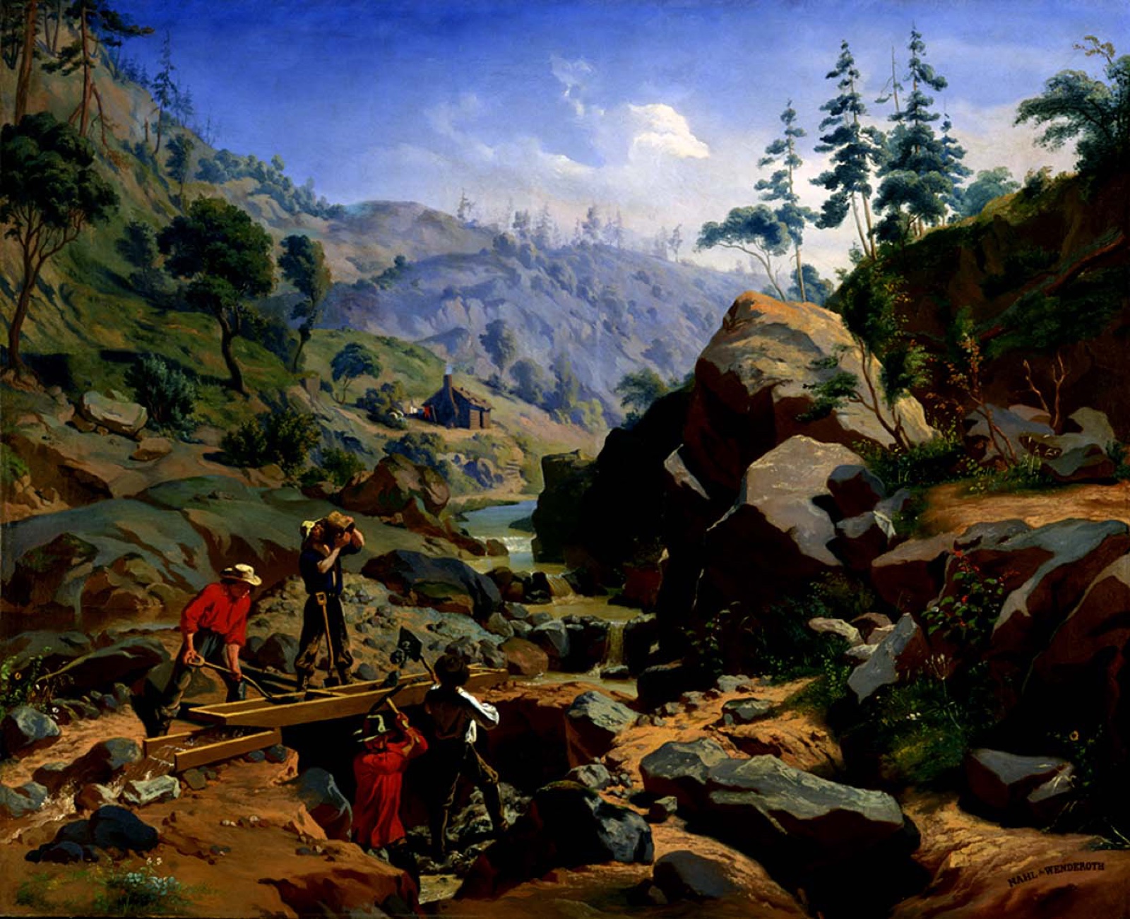 Miners working a sluice in the Sierra